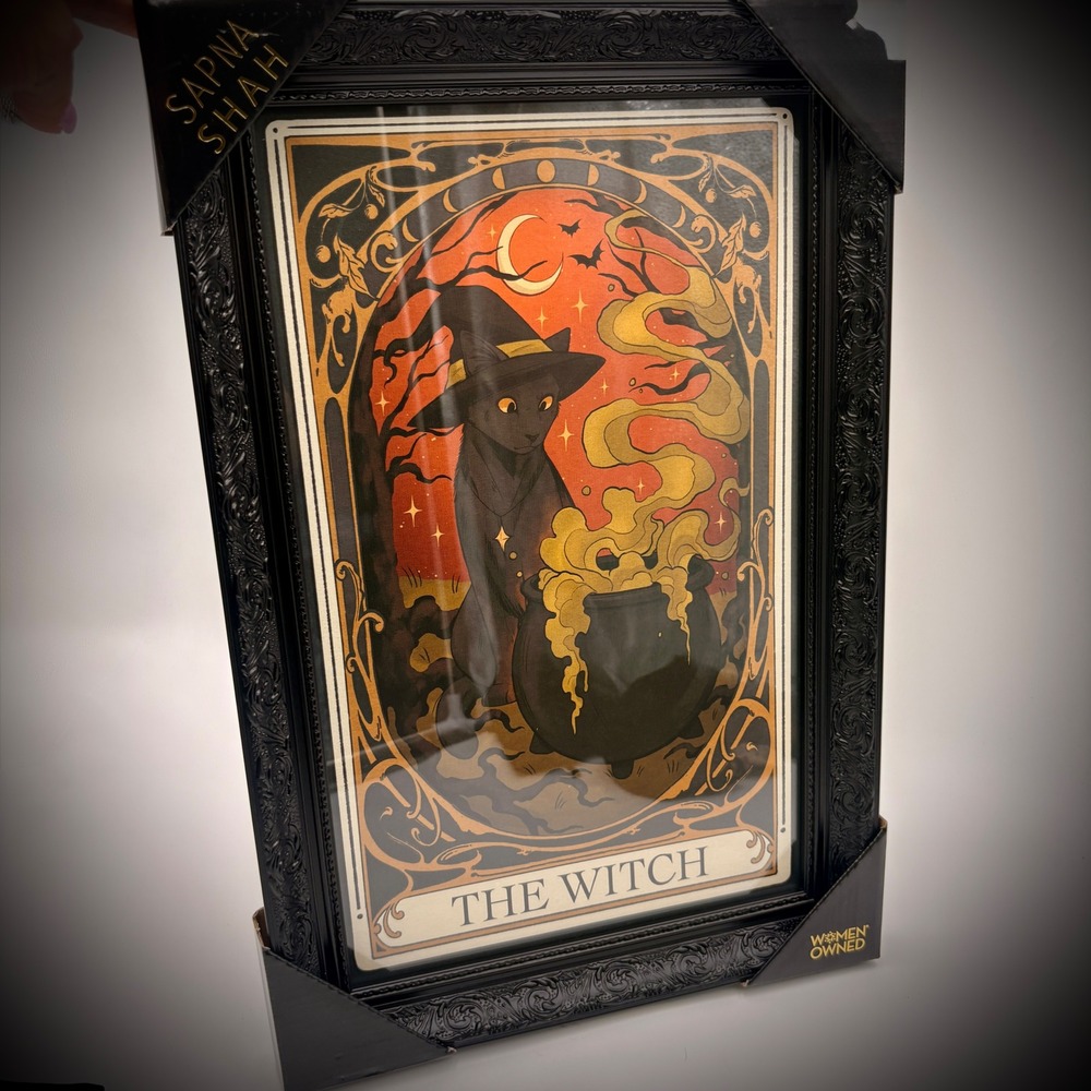 Sapna Shah The Witch Tarot Card Framed Wall Art Black Cat Cauldron Halloween